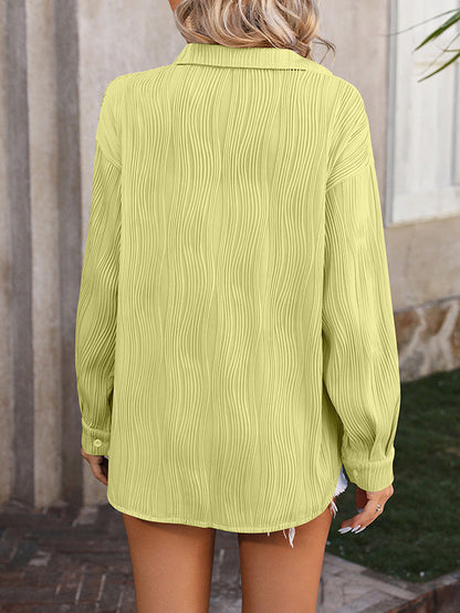 Long Sleeves Buttoned Jacquard Pleated Solid Color Blouses&Shirts Tops