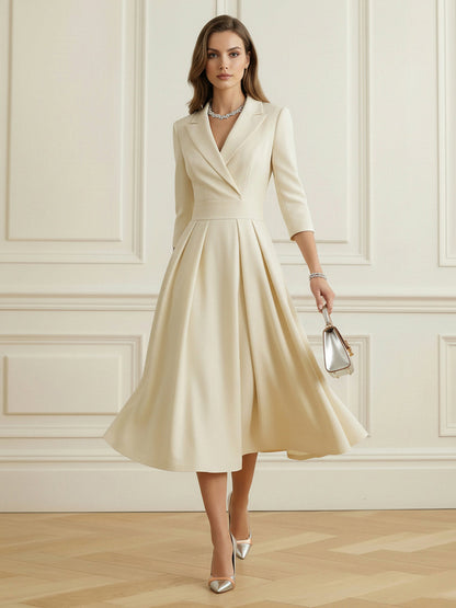 A-Line Elasticated Waist Big Hemline Pleated Solid Color Split-Joint Notched Collar Blazer Midi Dresses
