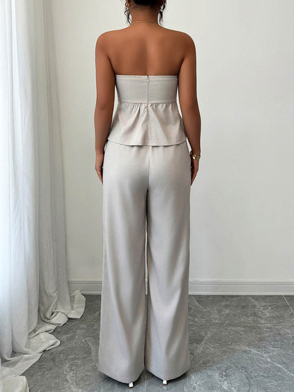 Solid Color Pleated Buttoned Ruffled Tube Blouses&Shirts Tops + High Waisted Zipper Column Pants Trousers Two Pieces Set