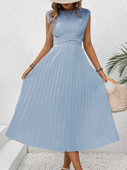 Loose Raglan Sleeve Elasticity Pleated Solid Color Split-Joint Tied Waist Round-Neck Midi Dresses