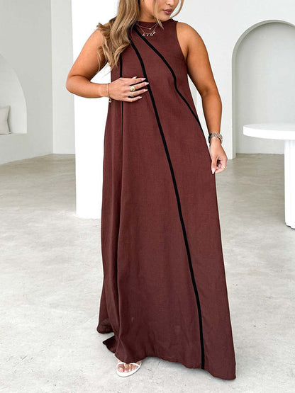 A-Line Loose Split-Joint Round-Neck Maxi Dresses