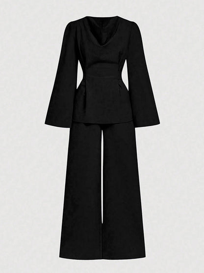 Long Sleeves Solid Color Split-Joint Tied Waist V-Neck Blouses&Shirts Tops