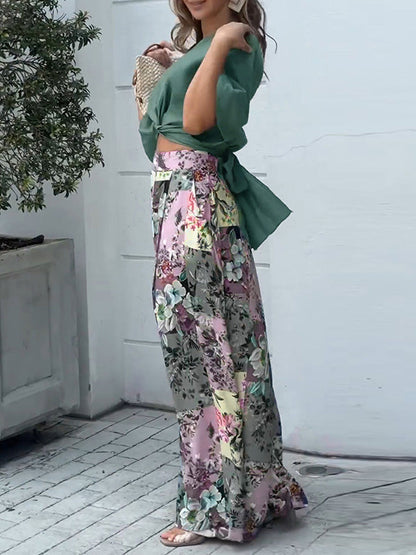 Wide Leg Bandage Bowknot Floral Printed Pockets Shirts Tops&Pants Suits