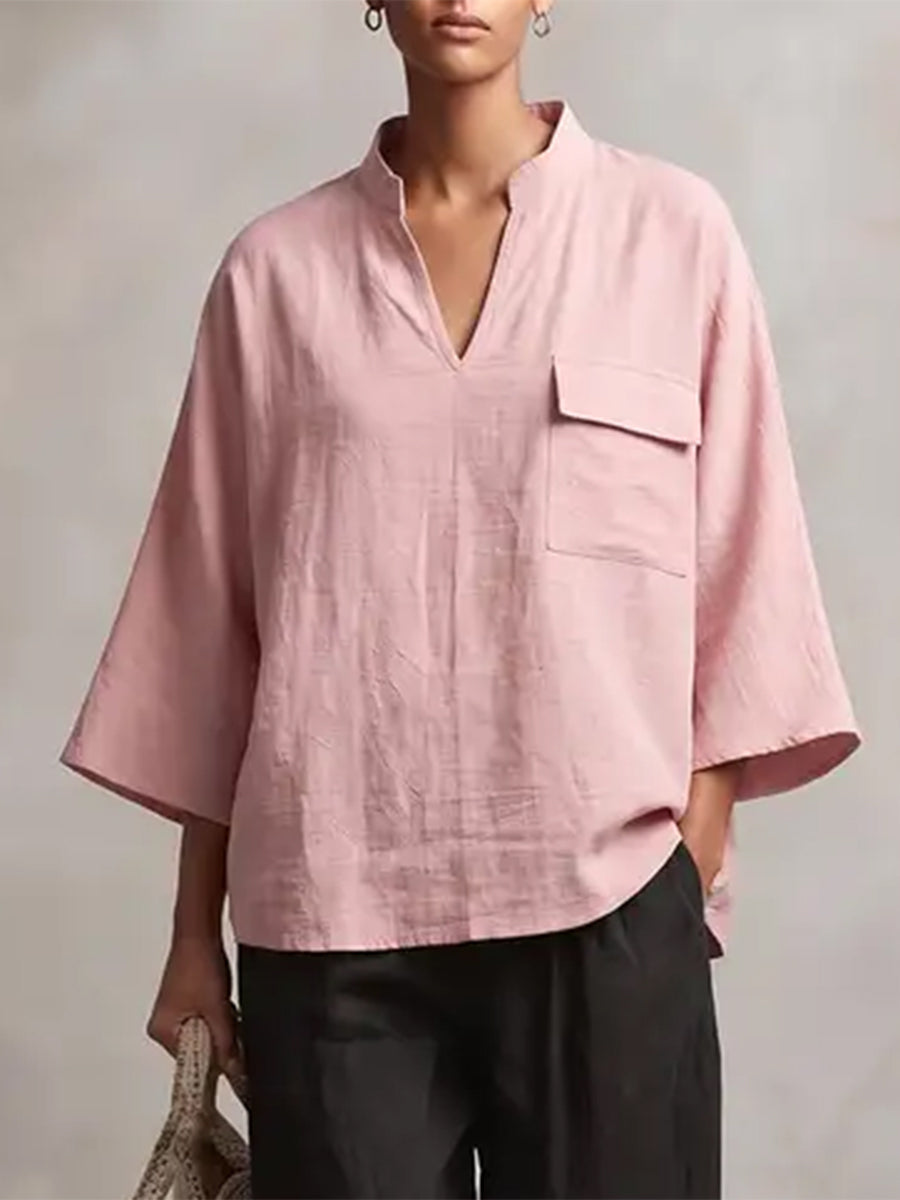 Solid Color Pockets Loose Long Sleeves V-neck Blouses&shirts Tops