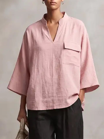 Solid Color Pockets Loose Long Sleeves V-neck Blouses&shirts Tops