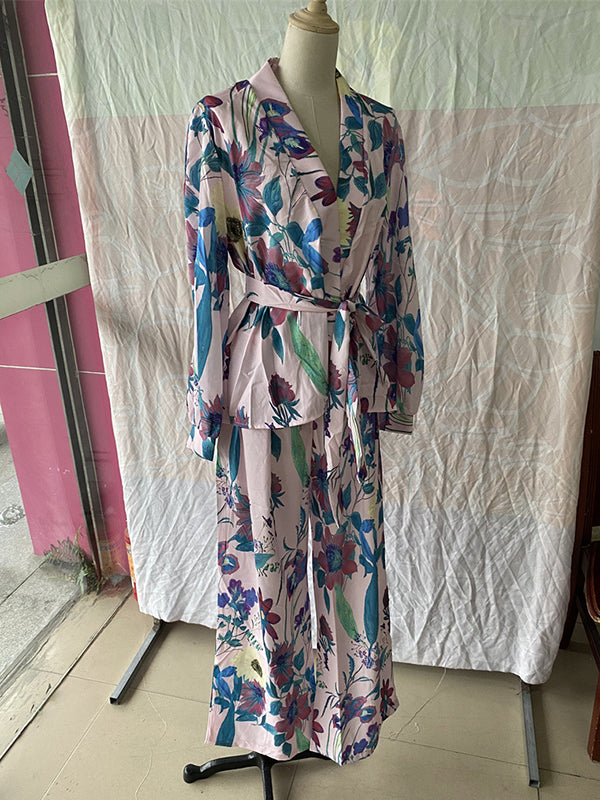 High Waisted Long Sleeves Flower Print Tied Waist V-Neck Shirts Top + Pants Bottom Two Pieces Set
