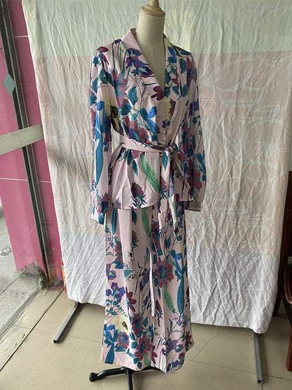High Waisted Long Sleeves Flower Print Tied Waist V-Neck Shirts Top + Pants Bottom Two Pieces Set