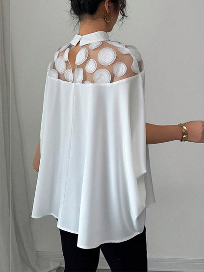 Cape Loose Geometric Pleated See-Through Solid Color Split-Joint Half Turtleneck Blouses&Shirts Tops