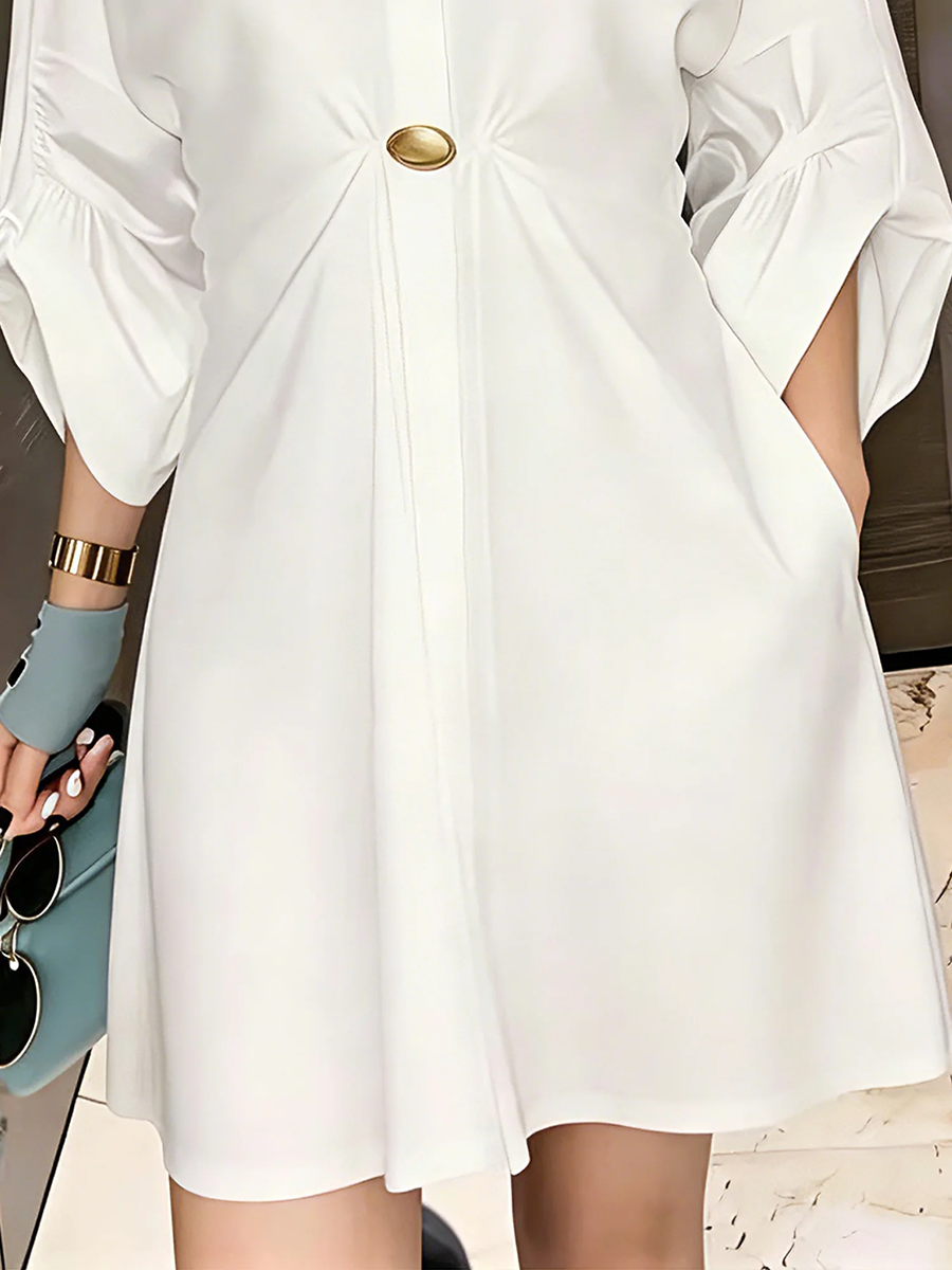 Loose Puff Sleeves Buttoned Pleated Pockets Solid Color Lapel Mini Dresses
