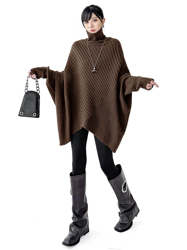 Batwing Sleeves Irregularity Asymmetric Ribbed Knit Solid Color Split-Joint High Neck Sweater Tops
