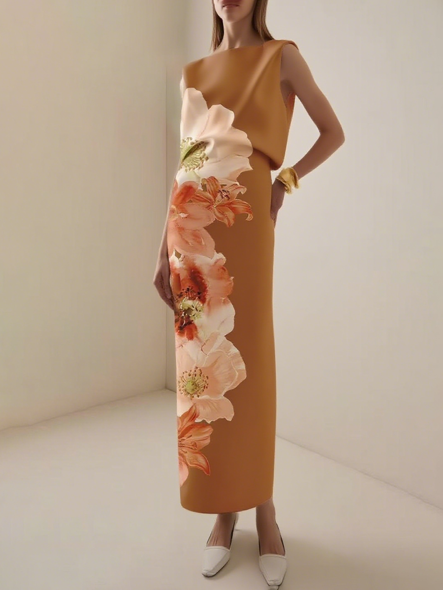 Sleeveless Flower Print Round-Neck Maxi Dresses