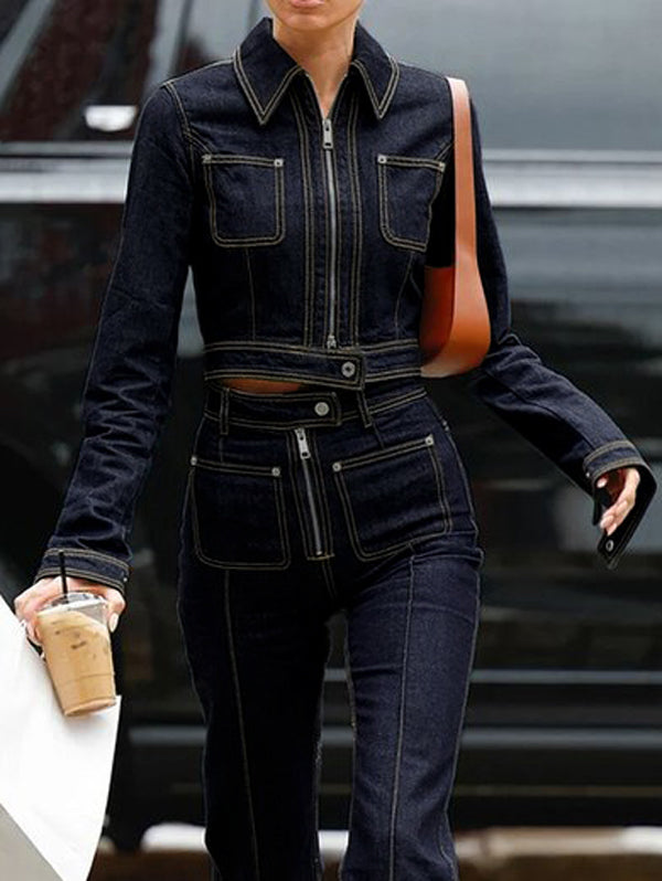 Long Sleeves Contrast Color Pockets Zipper Lapel Outerwear