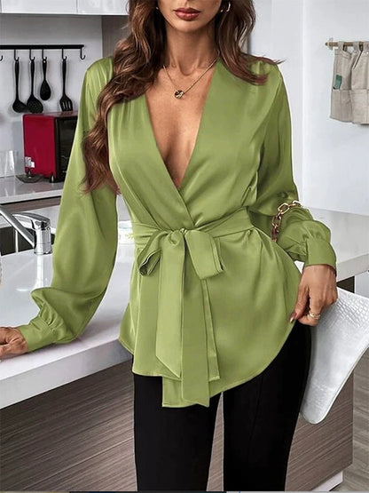 Loose Puff Sleeves Pleated Solid Color Split-Joint Tied Waist V-Neck Blouses&Shirts Tops
