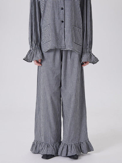 Loose  Contrast Color Plaid Ruffled Split-Joint  Long Sleeves Buttoned Lapel Blouses&Shirts Tops + Pants Two Pieces Set