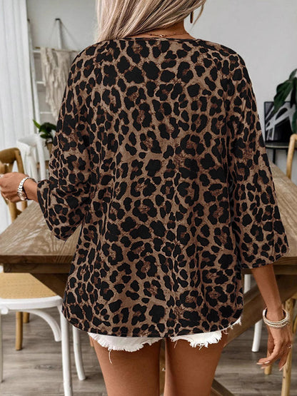 Loose Three-Quarter Sleeves Drawstring Leopard Printed V-Neck Blouses&Shirts Tops