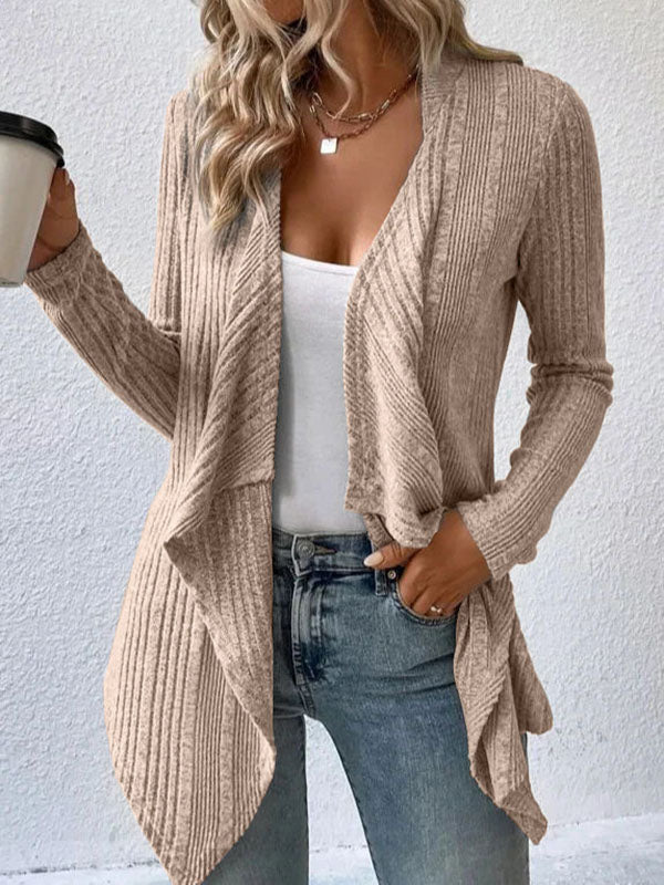 Long Sleeves Loose Solid Color Collarless Cardigan Tops KHAKI