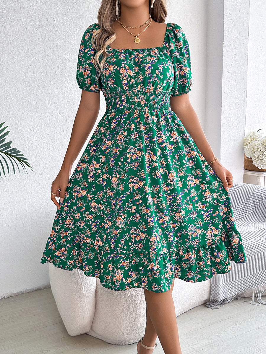 A-Line Short Sleeves Contrast Color Elasticity Flower Print Ruffle Trim Split-Joint Square-Neck Midi Dresses