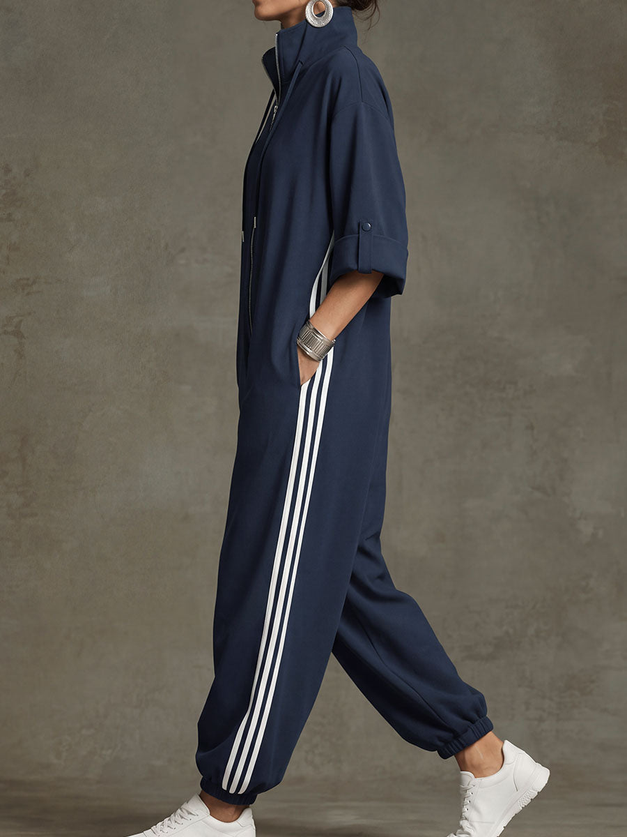 Zipper Striped Pockets Elasticity Drawstring Contrast Color Buttoned Wide Leg Three-quarter Sleeves Stand Collar Jumpsuits