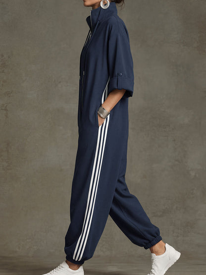 Zipper Striped Pockets Elasticity Drawstring Contrast Color Buttoned Wide Leg Three-quarter Sleeves Stand Collar Jumpsuits