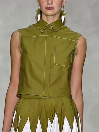 Sleeveless Solid Color Lapel Blouses&Shirts Tops
