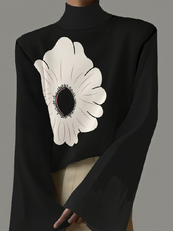 Flared Sleeves Flower Print High-neck T-Shirts Tops