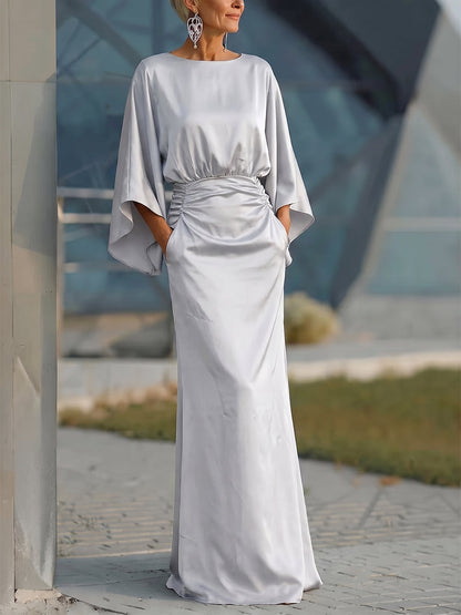 Batwing Sleeves Mermaid Backless Pockets Ruched Solid Color Round-Neck Maxi Dresses