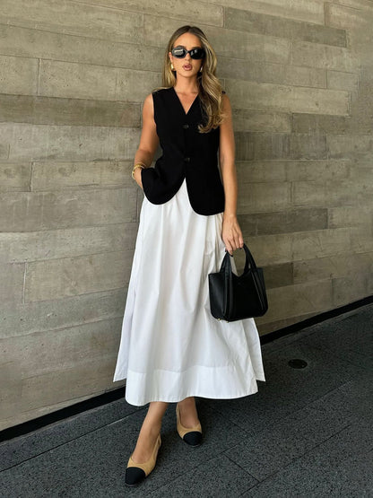 Split-side Solid Color Pockets High Waisted A-line Skirts