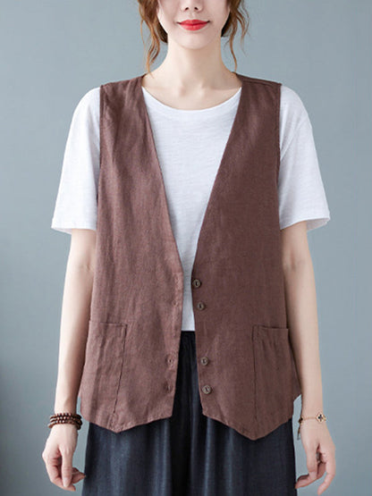 Simple Loose V-Neck Solid Color Vest