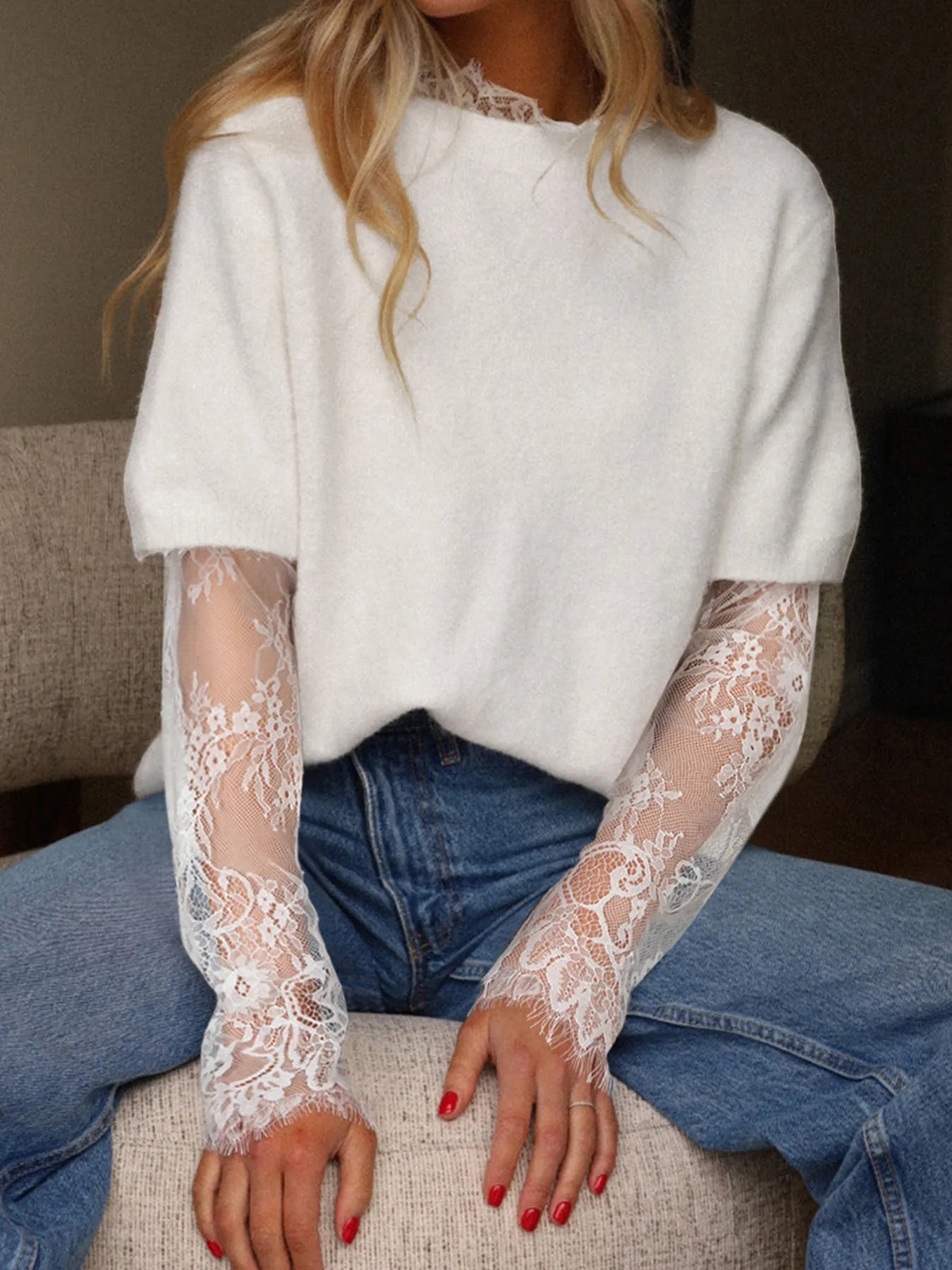 Lace Sleeve Faux Two-Piece Fuzzy Sweater