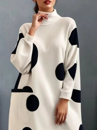 Long Sleeves Loose Pockets Polka-Dot High Neck Midi Dresses