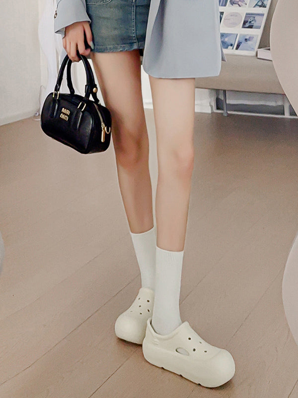 Hollow Round Cut Solid Color Crocs Platform Shoes Sandals