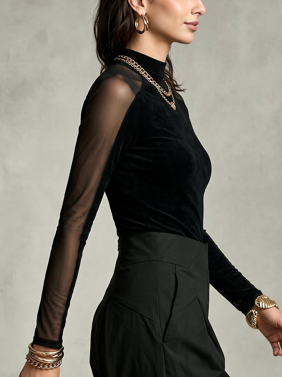Split-Joint Solid Color See-Through Skinny Long Sleeves Mock Neck T-Shirts Tops