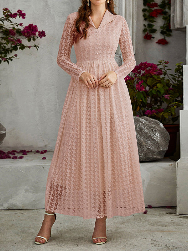 Robe longue taille haute, manches longues, boutonnée, transparente, couleur unie, col en V 