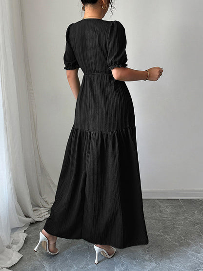 Half Sleeves High Waisted Pleated Solid Color Split-Front V-Neck Maxi Dresses