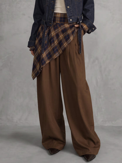 Pockets Plaid Wide Leg High Waisted Trousers Pants