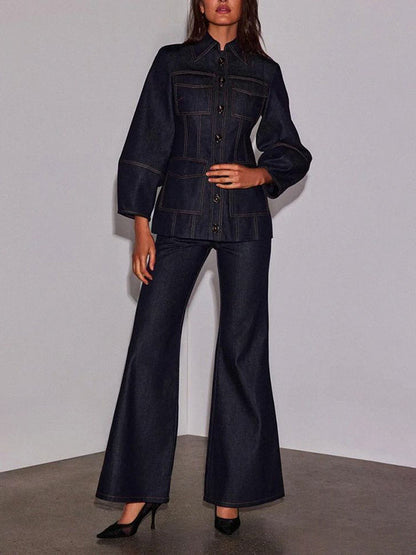 Pantalon en jean taille haute à jambes larges et poches de couleur unie 