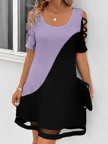 A-Line Loose Contrast Color Hollow Mesh Split-Joint Cold Shoulder Mini Dresses