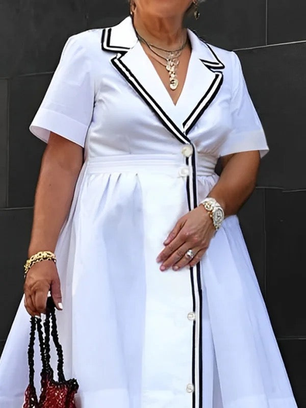 A-Line Half Sleeves Buttoned Contrast Color Pleated Notched Collar Midi Dresses