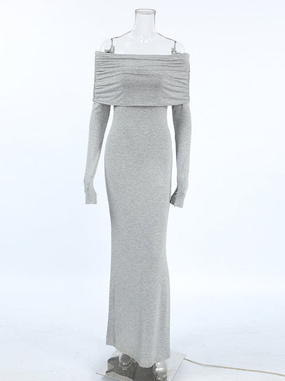 Robe de soirée longue à manches longues, plissée, moulante, couleur unie, fendue, épaules dénudées 