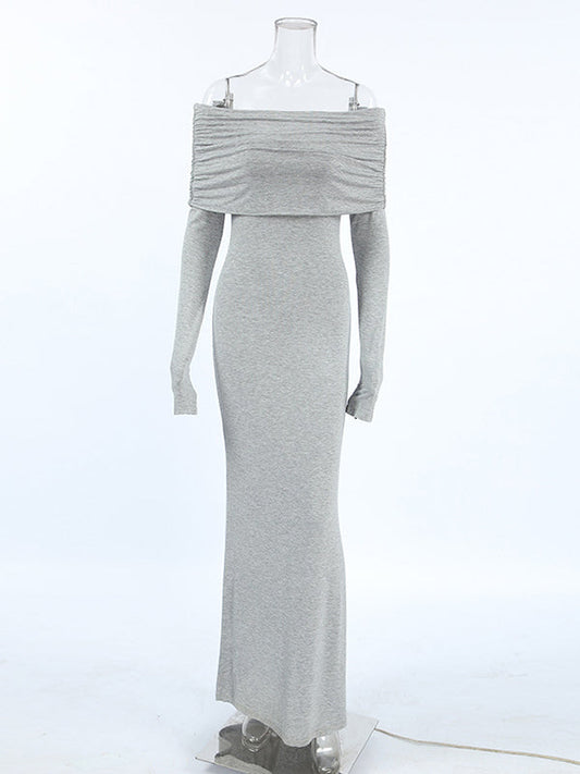 Robe de soirée longue à manches longues, plissée, moulante, couleur unie, fendue, épaules dénudées 