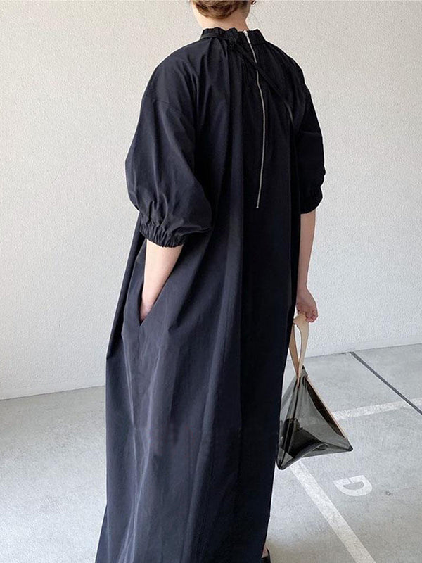 Robe chemise longue ample à manches bouffantes et plissée, avec fermeture éclair et col montant 