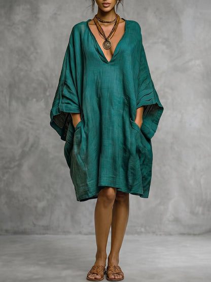 Batwing Sleeves Loose Pockets Solid Color Deep V-Neck Midi Dresses