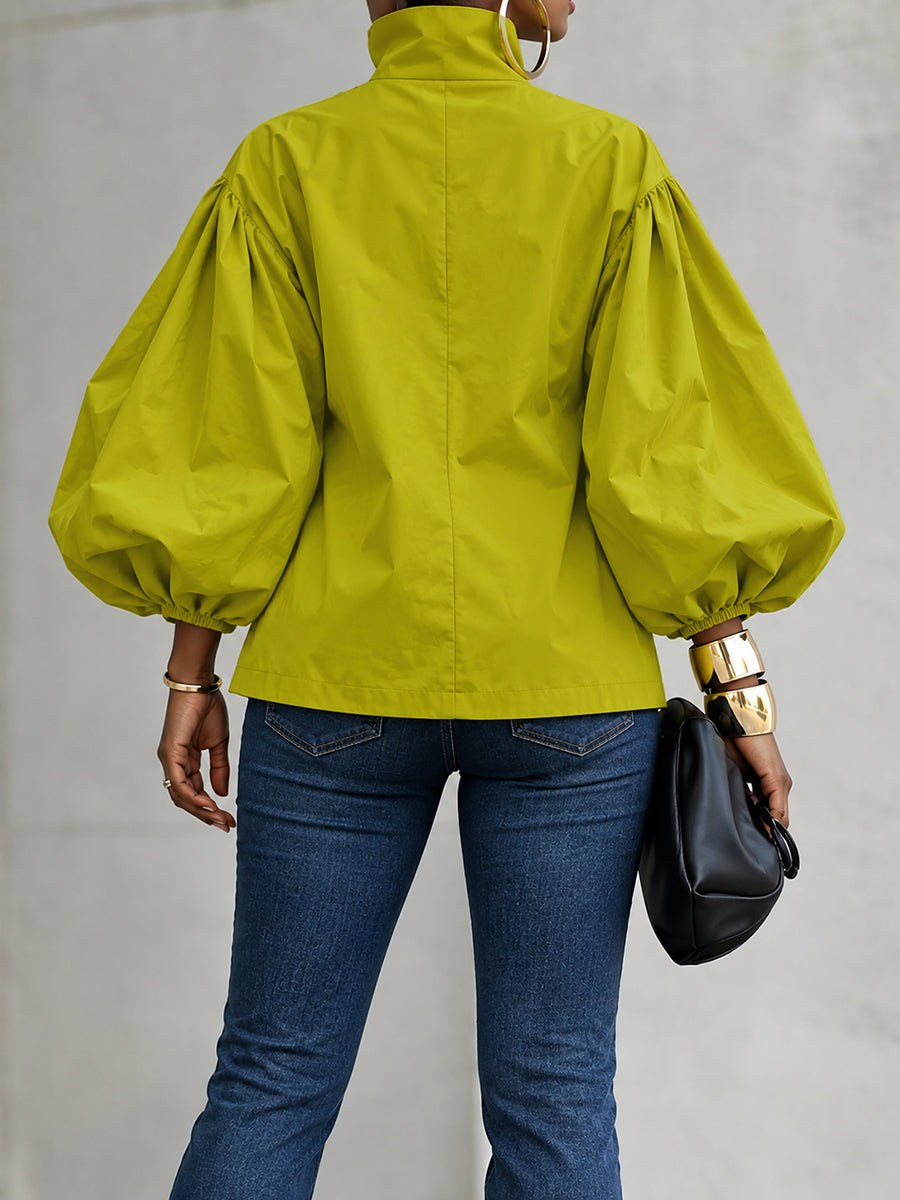 Split-Joint Solid Color Pleated Elasticity Drawstring Three-quarter Sleeves Puff Sleeves Stand Collar Outerwear