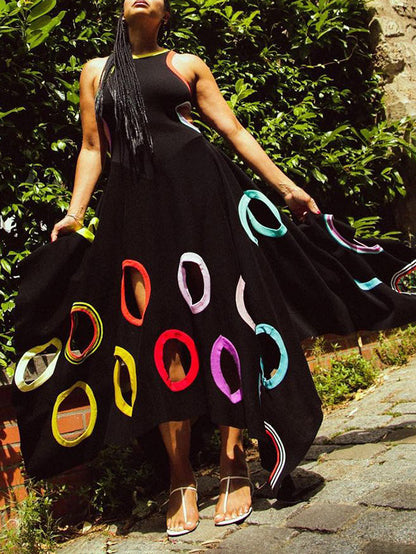 A-Line High Waisted Contrast Color Hollow Round-Neck Maxi Dresses