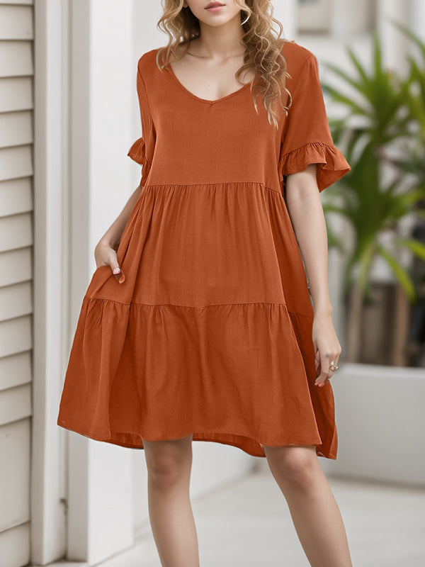 A-Line Flared Sleeves Pleated Pockets Ruffled Solid Color Split-Joint Round-Neck Mini Dresses
