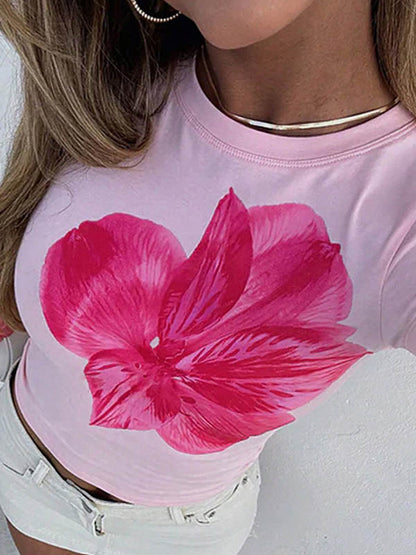 Short Sleeves Skinny Flower Print Round-Neck T-Shirts Tops