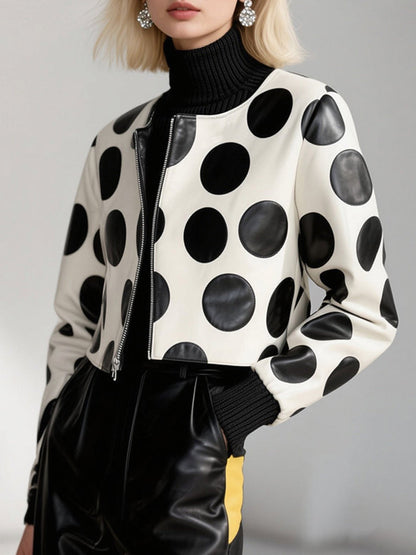 Zipper Split-Joint Polka-Dot Long Sleeves Round-neck Jackets&Coats