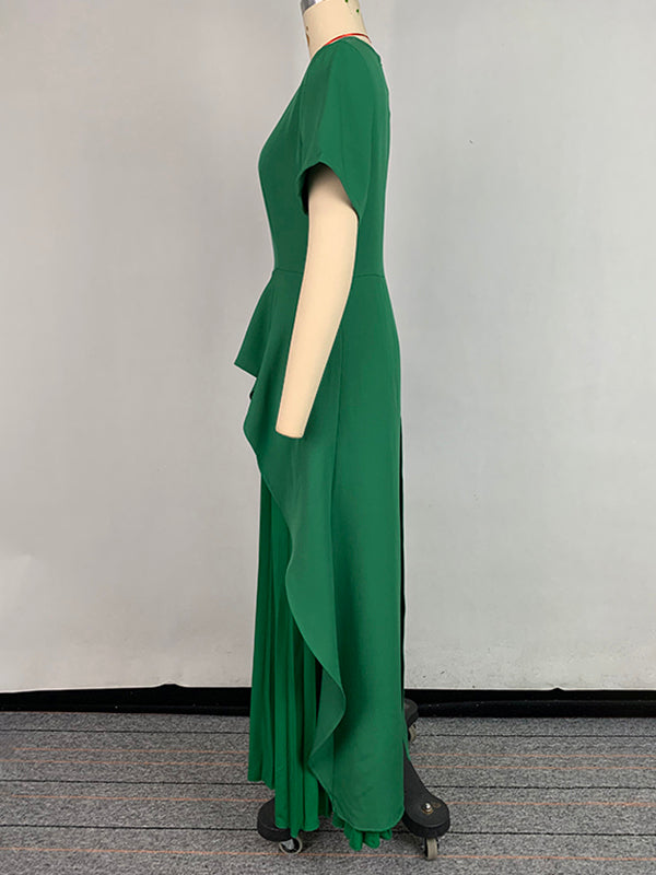 Robe longue trapèze taille haute plissée couleur unie à col rond et fente 