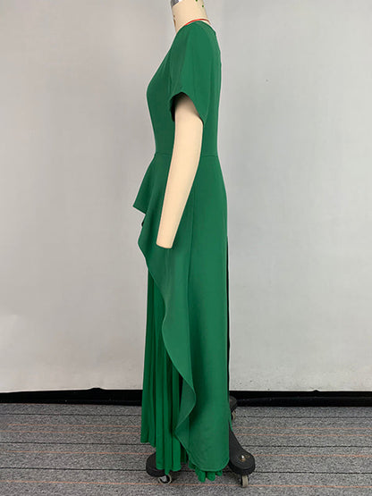 Robe longue trapèze taille haute plissée couleur unie à col rond et fente 