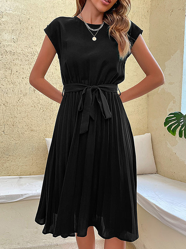 A-Line Loose Pleated Solid Color Tied Waist Round-Neck Midi Dresses